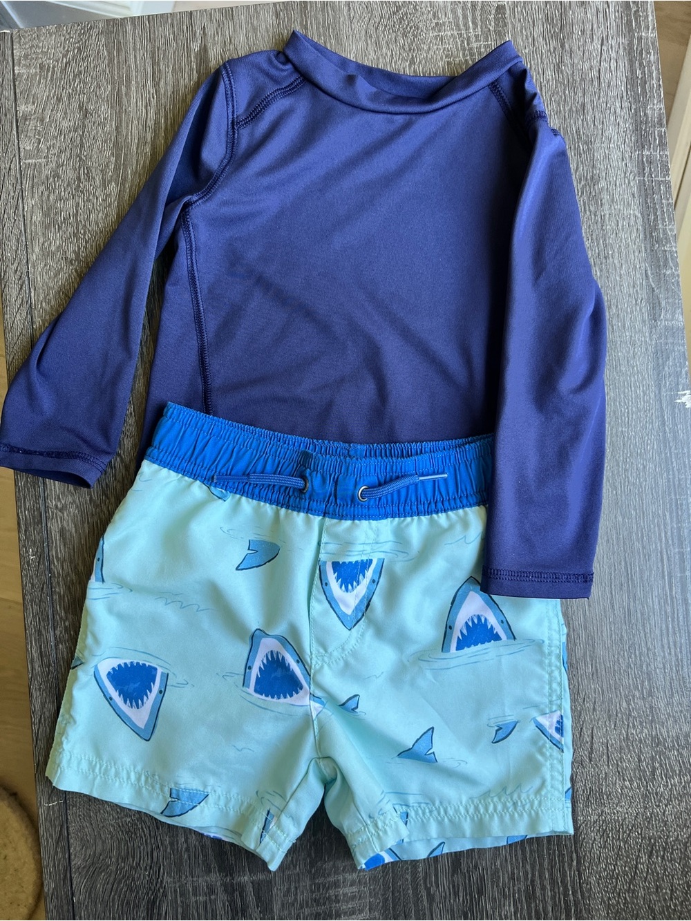 Cat & Jack Boys Navy Long-Sleeve Rashguard with Light Blue Shark Swim Shorts